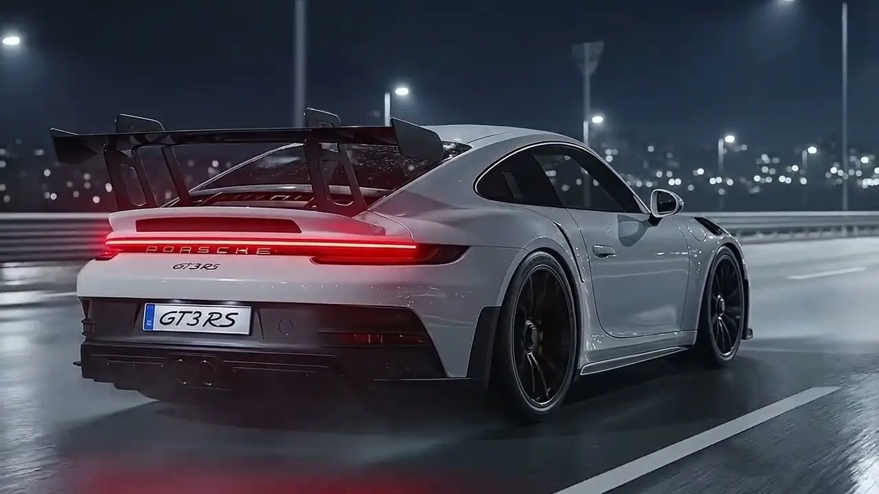 A white Porsche 911 GT3 RS on an open road at night