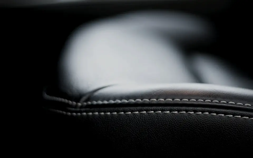 A black leather seat bolster lit from one side. Pale grey thread runs along the seam in a colour several shades lighter than the hide, so the stitching reads as a drawn line across a dark panel rather than disappearing into it.