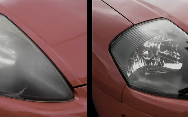 The same headlight on a red car photographed twice, side by side. On the left the lens is clouded to a flat yellowish haze that hides the reflector behind it; on the right it is clear enough to read the bulb and the facets inside.