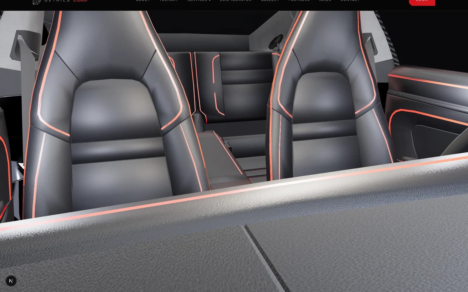 The two front seats of a 911 in black leather with red contrast stitching, rendered
