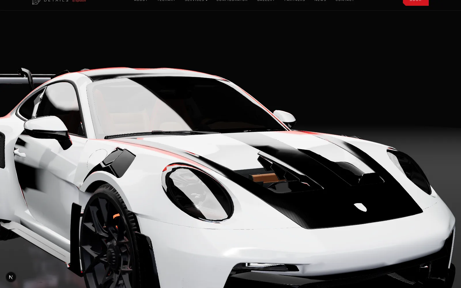 Raking light across the bonnet of a white 911, rendered