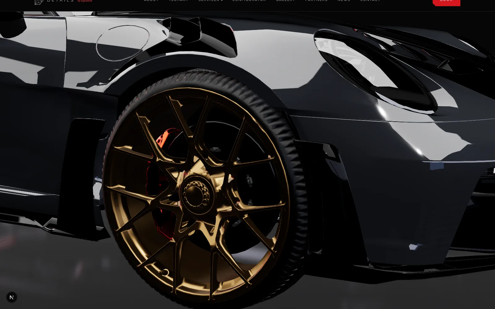 A bronze forged wheel and red brake caliper on a 911, rendered close up